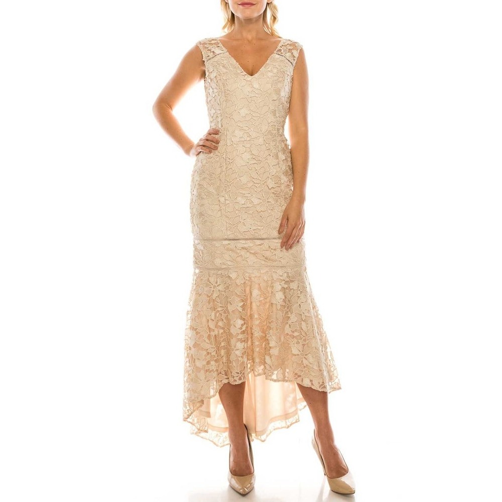 NWT Adrianna Papell Champagne Floral Lace High-Low Mermaid Gown Dress Size 6‎